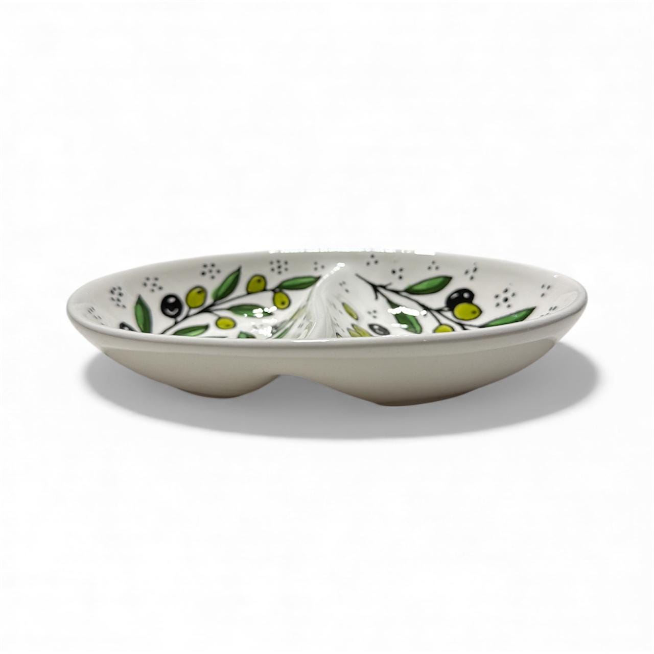 Handmade ceramic Olives design 2 section oval  8”made in Palestine