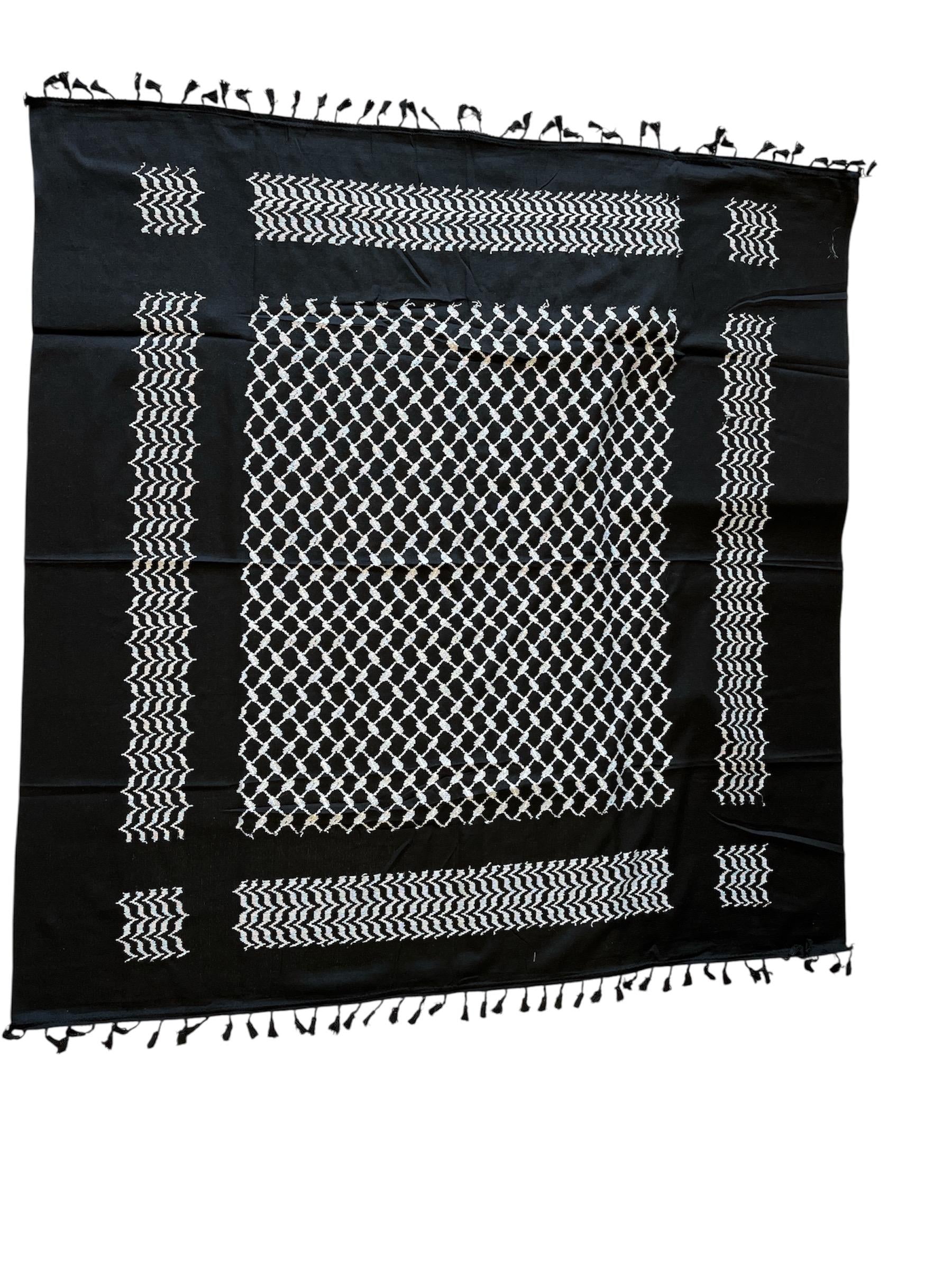 Palestine Made. Authentic Hebron Keffiyeh, Inverted Black & White,48"x48”