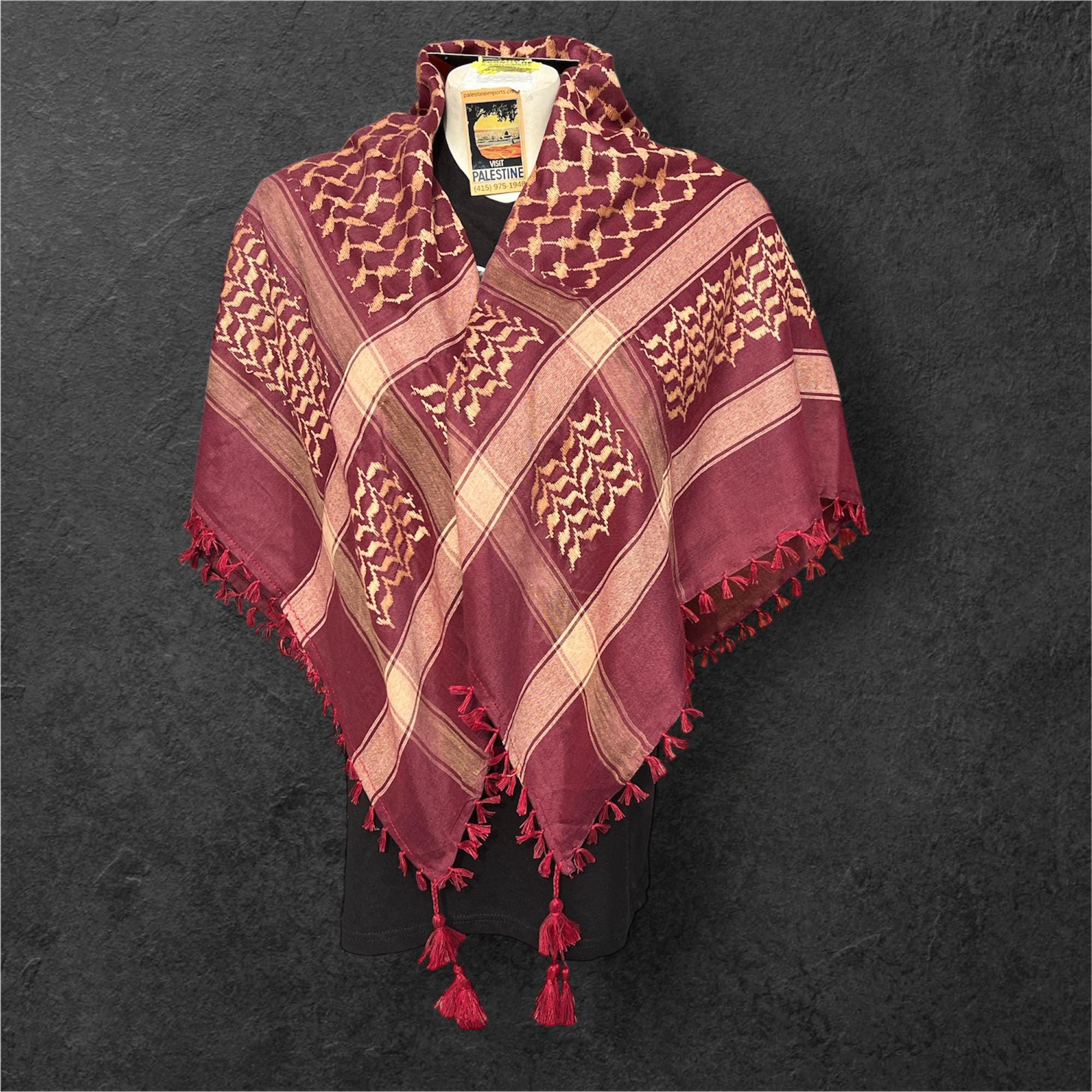 Woven keffiyeh tan on strong burgundy with 4 sides Tassels - 48"x48"