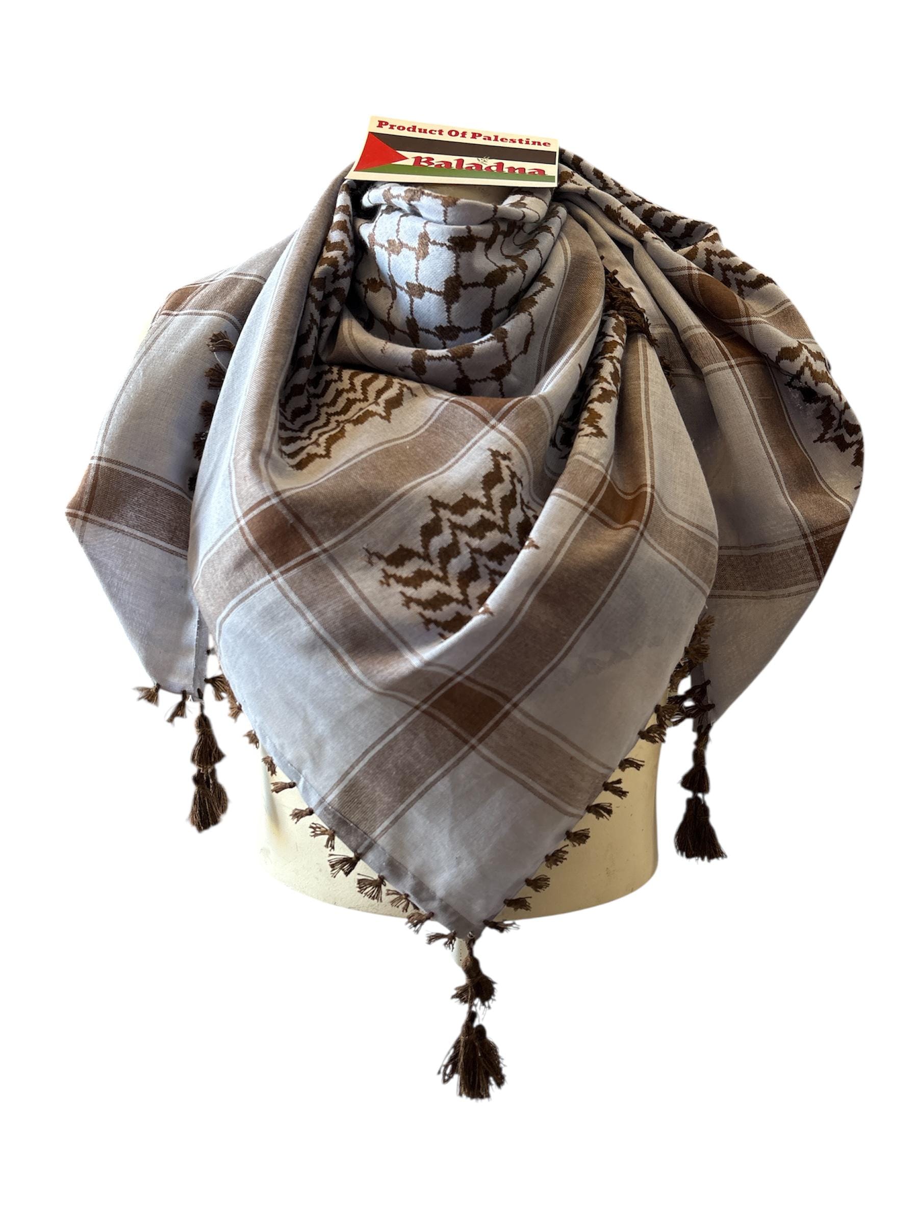 Woven keffiyeh Brown on French Blue with 4 sides Tassels - 48"x48"