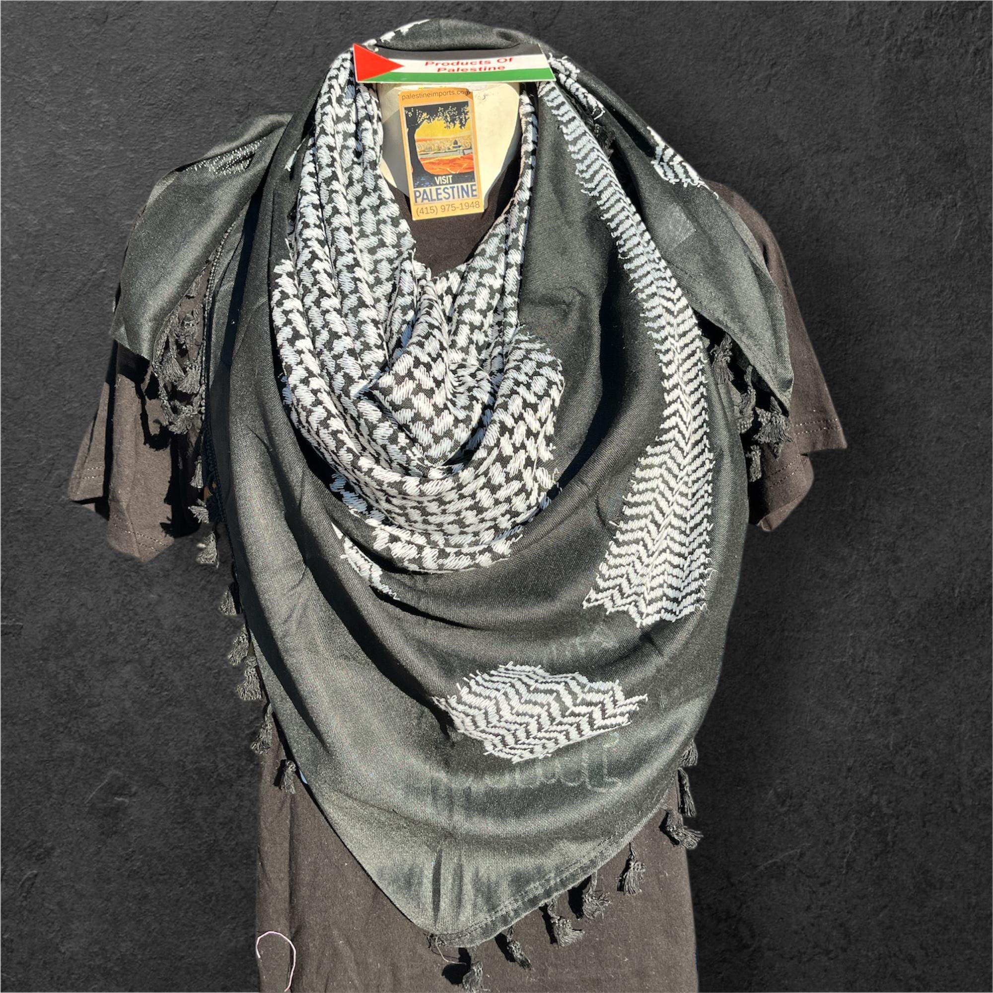 Authentic Palestine Made keffiyeh Scarf: white on black Woven Tessels