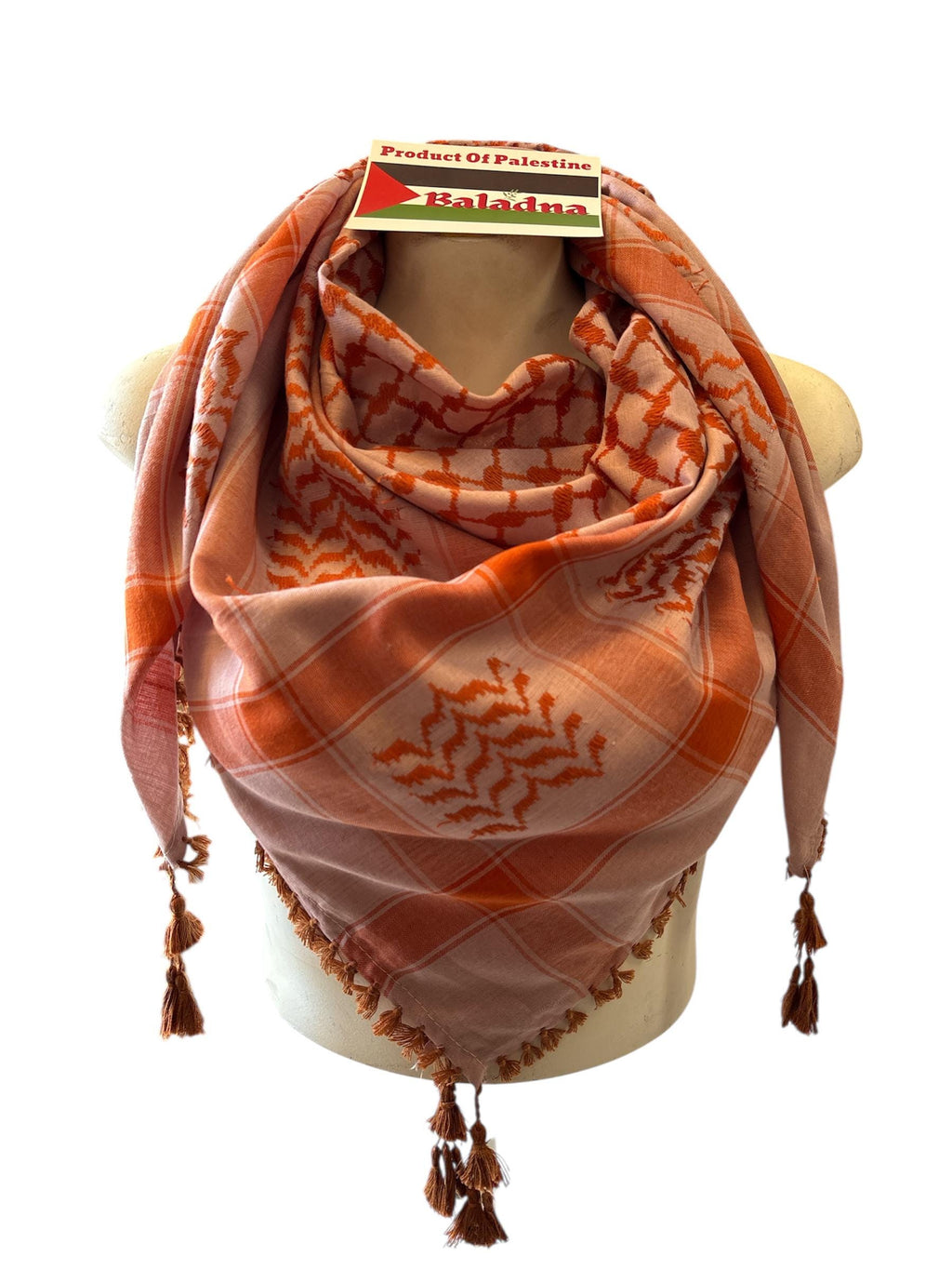 Woven Kufiya Orange Peony Palestinian Scarf with 4 sides  Brown Tassels