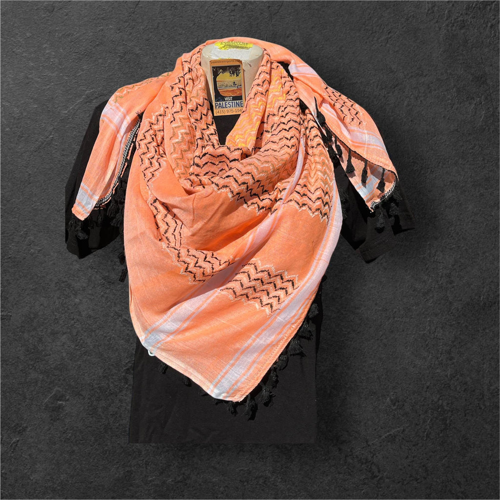 Authentic Palestine Made keffiyeh Scarf: multi color on orange with black Woven Tessels