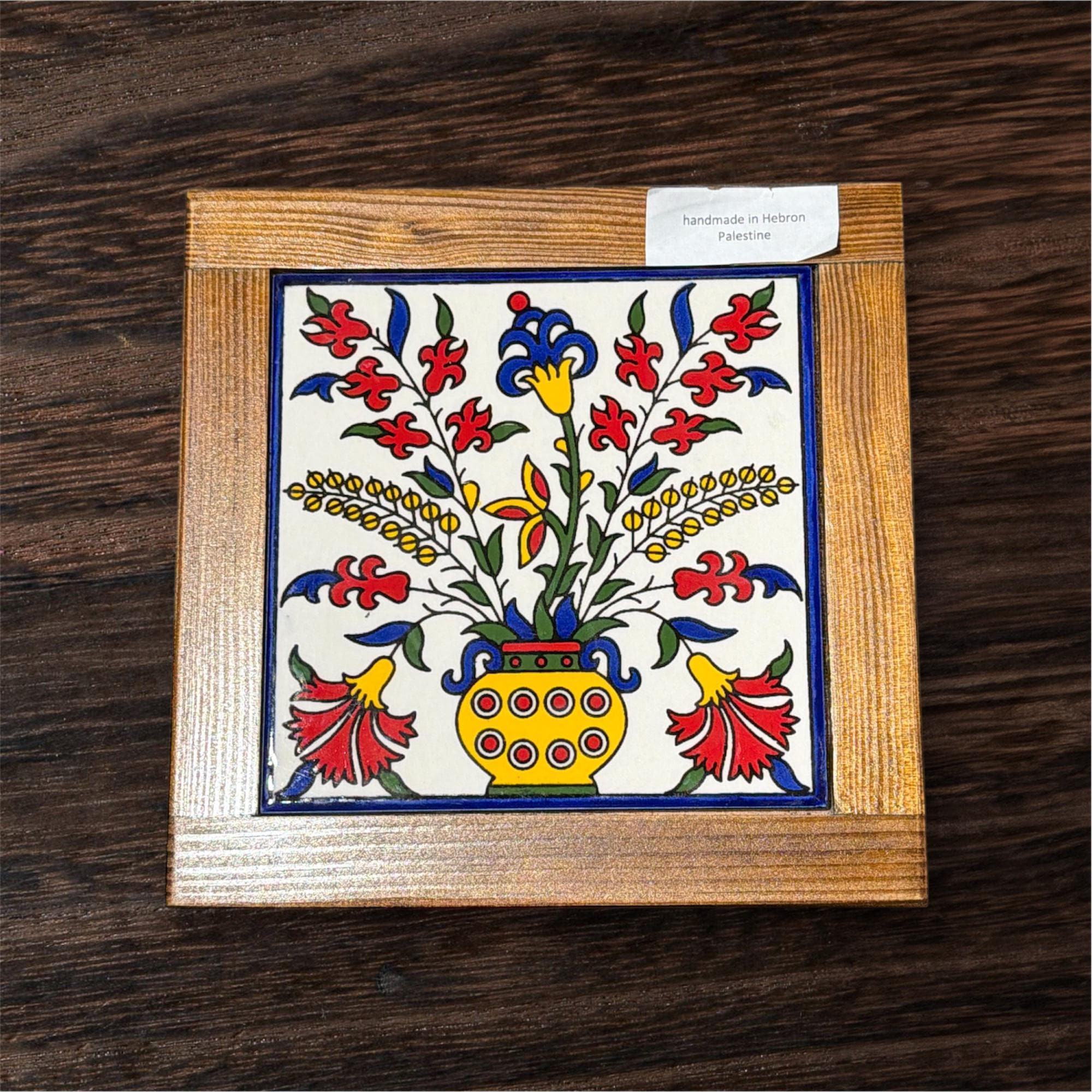 Handmade Ceramic And Wood trivet  handpainted in Hebron,Palestine