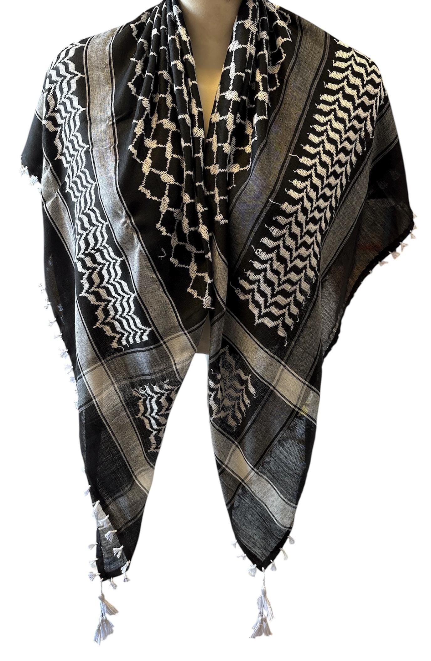Woven Kufiya inverted white on black Palestinian Scarf with 4 sides white Tassels