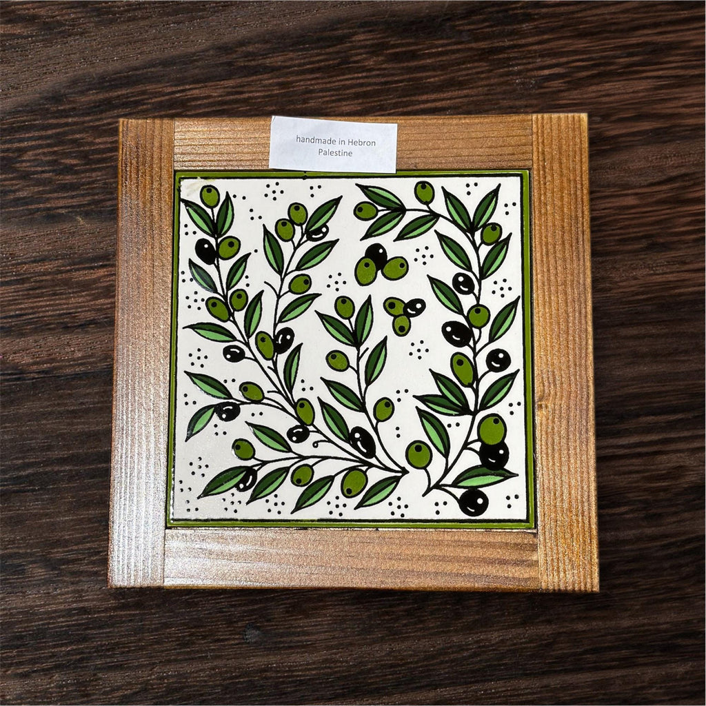 Handmade Ceramic And Wood trivet  handpainted in Hebron,Palestine