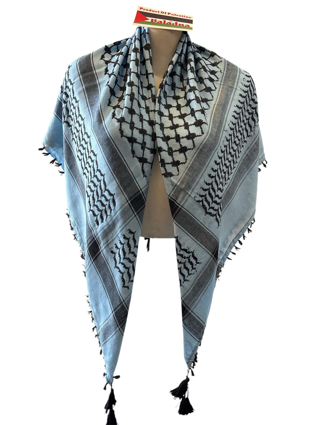 Woven keffiyeh Black on Blue, Tasseled on 4 sides, Authentic 48"x48"