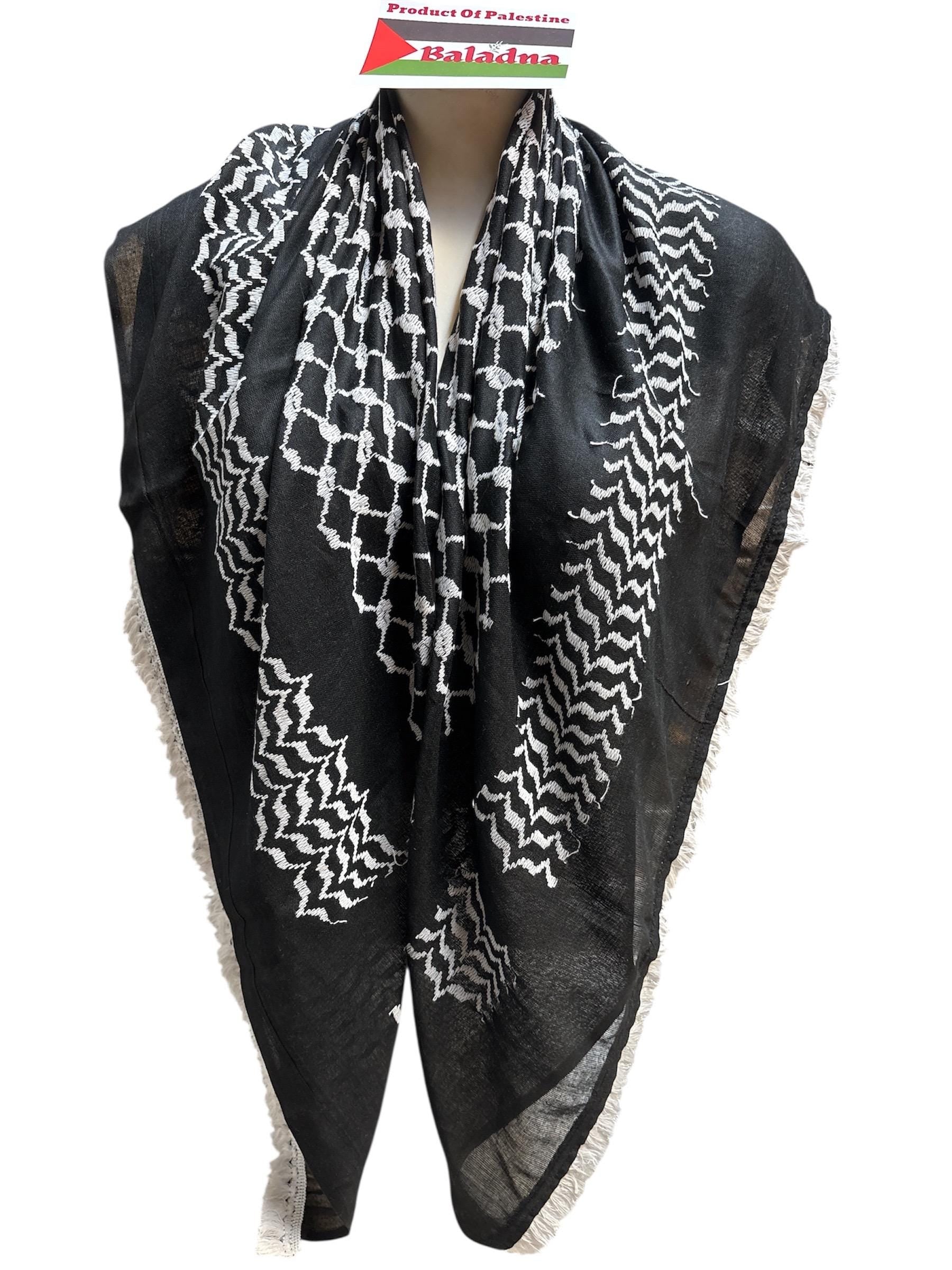 Palestine Made. Authentic Hebron Keffiyeh, Inverted Black & White,48"x48”