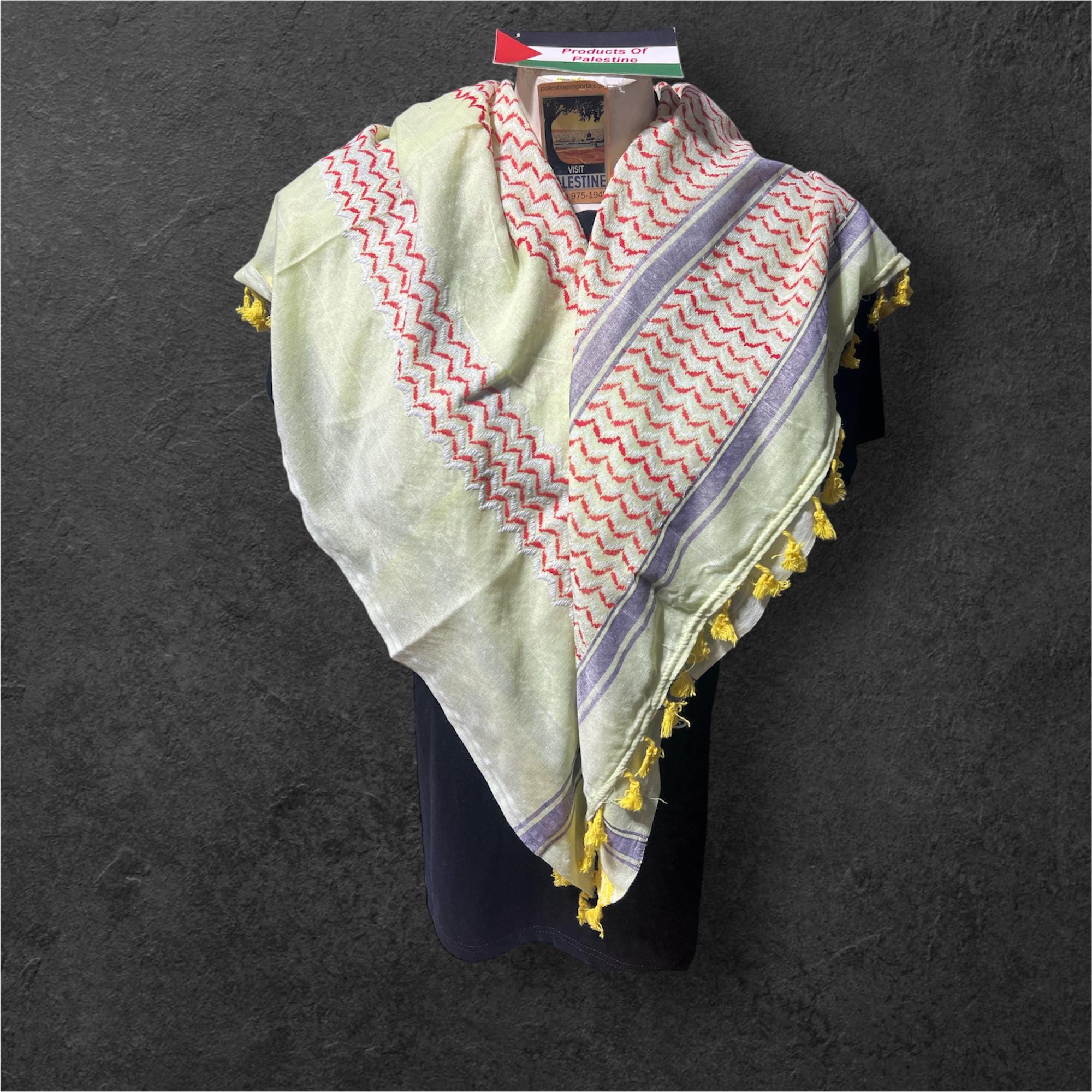 Palestine Made keffiyeh Authentic Scarf: white and red on light yellow with yellow Tessels