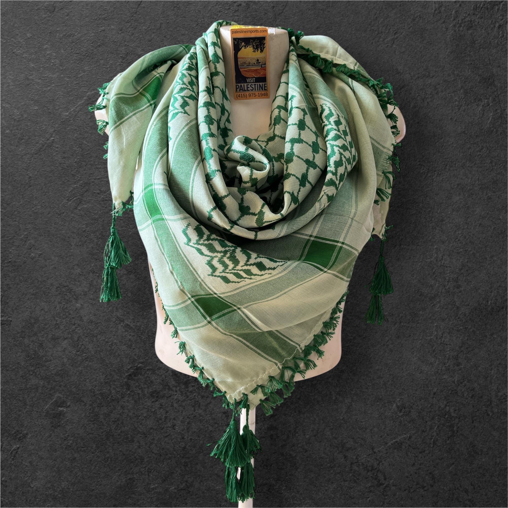 Woven Kufiya green on light green with 4 sides Tassels - 48"x48"