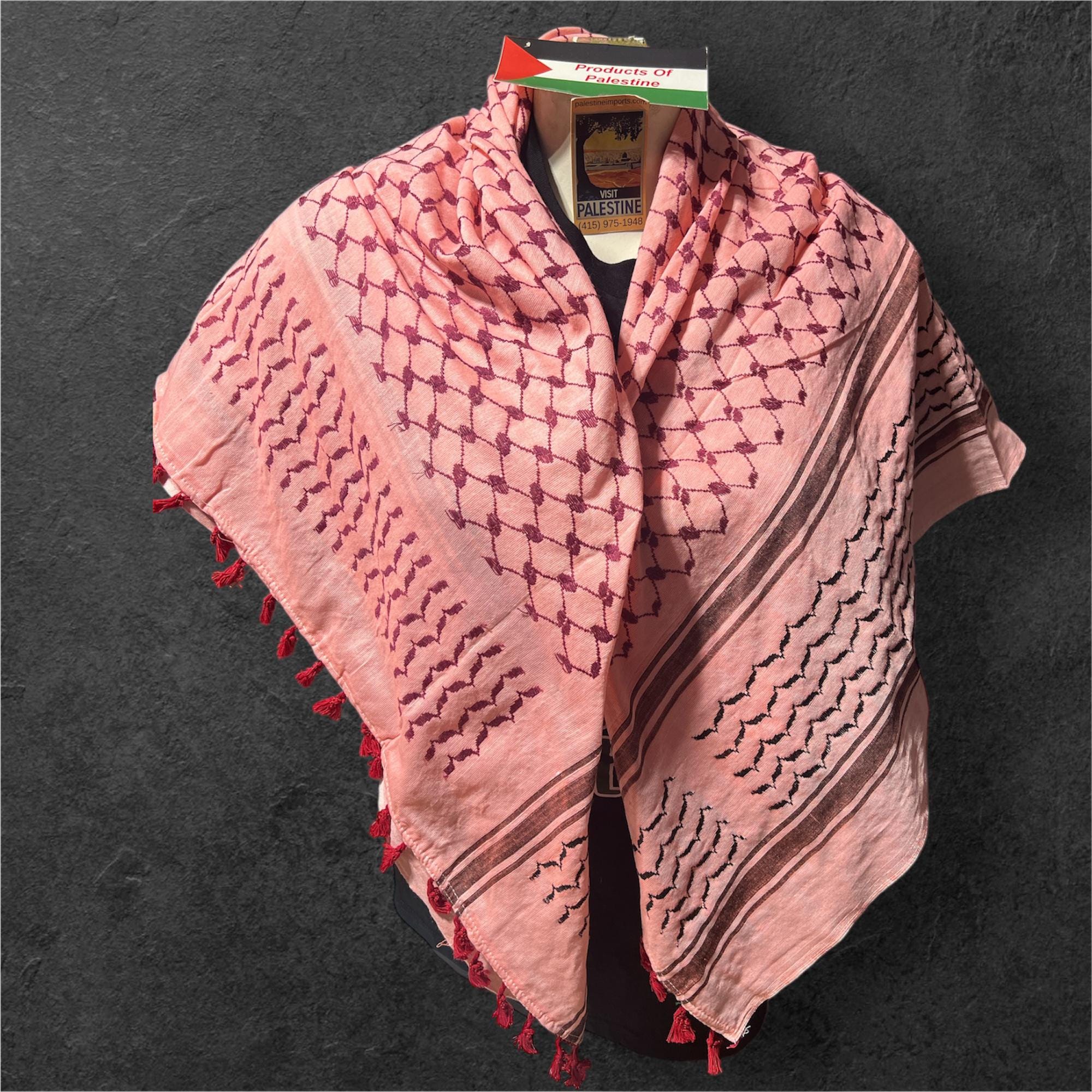 Palestine Made keffiyeh Authentic Scarf: hot pink on peach/pink with red Tessels