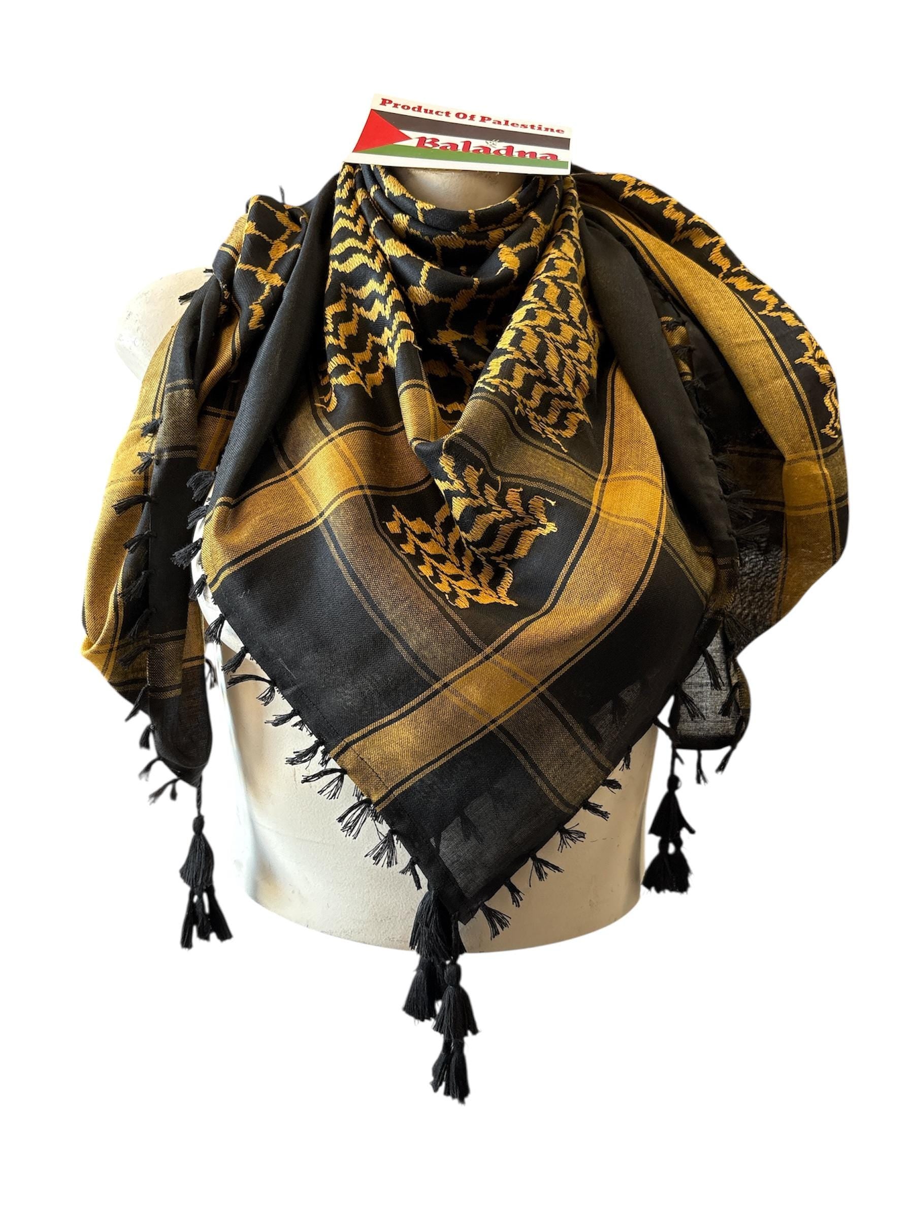 Woven keffiyeh Gold on Black with 4 sides Tassels - 48"x48"