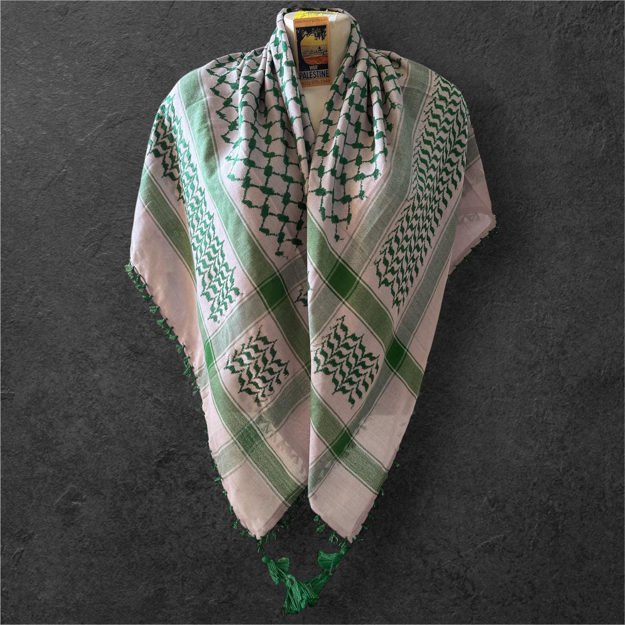 Woven Kufiya parrot green on grey with Tassels - 48"x48"