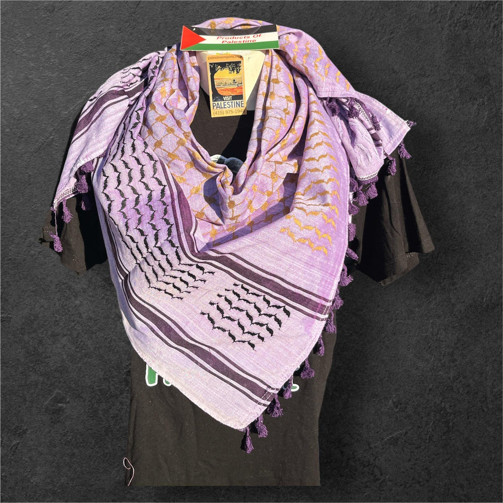 Palestine Made Authentic keffiyeh Scarf: gold on pink with purple Tessels