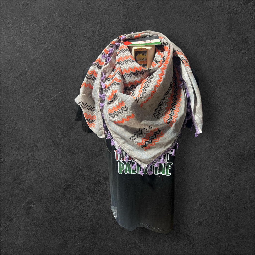 Palestine Made keffiyeh Authentic Scarf: multicolor on grey with purple Tessels