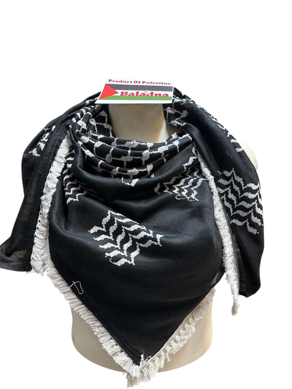 Palestine Made. Authentic Hebron Keffiyeh, Inverted Black & White,48"x48”