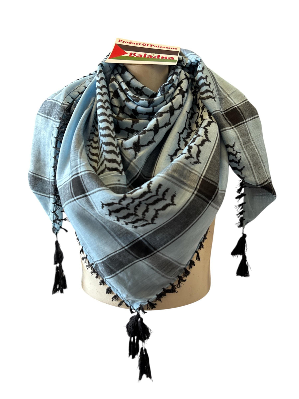 Woven keffiyeh Black on Blue, Tasseled on 4 sides, Authentic 48"x48"