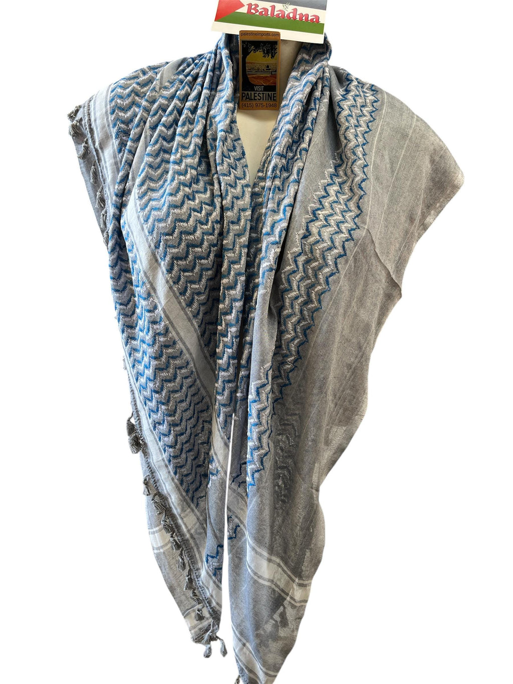 Palestine Made keffiyeh Scarf: Authentic Woven White, Blue/Gray