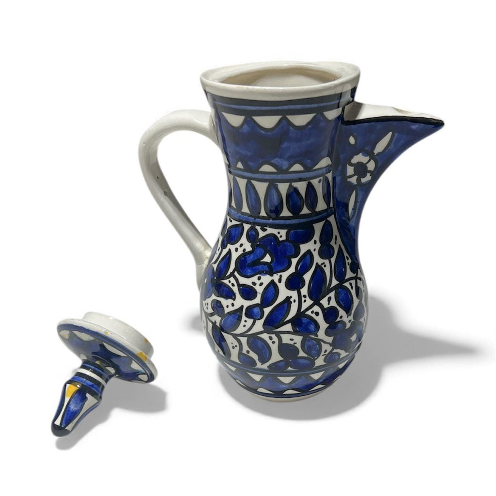 handmade ceramic blue floral jug (9.5”) made in Palestine