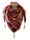 Woven Kuffiyeh tan on burgundy with 4sides tassels! standard size 48”x48”  show your support for Palestine!