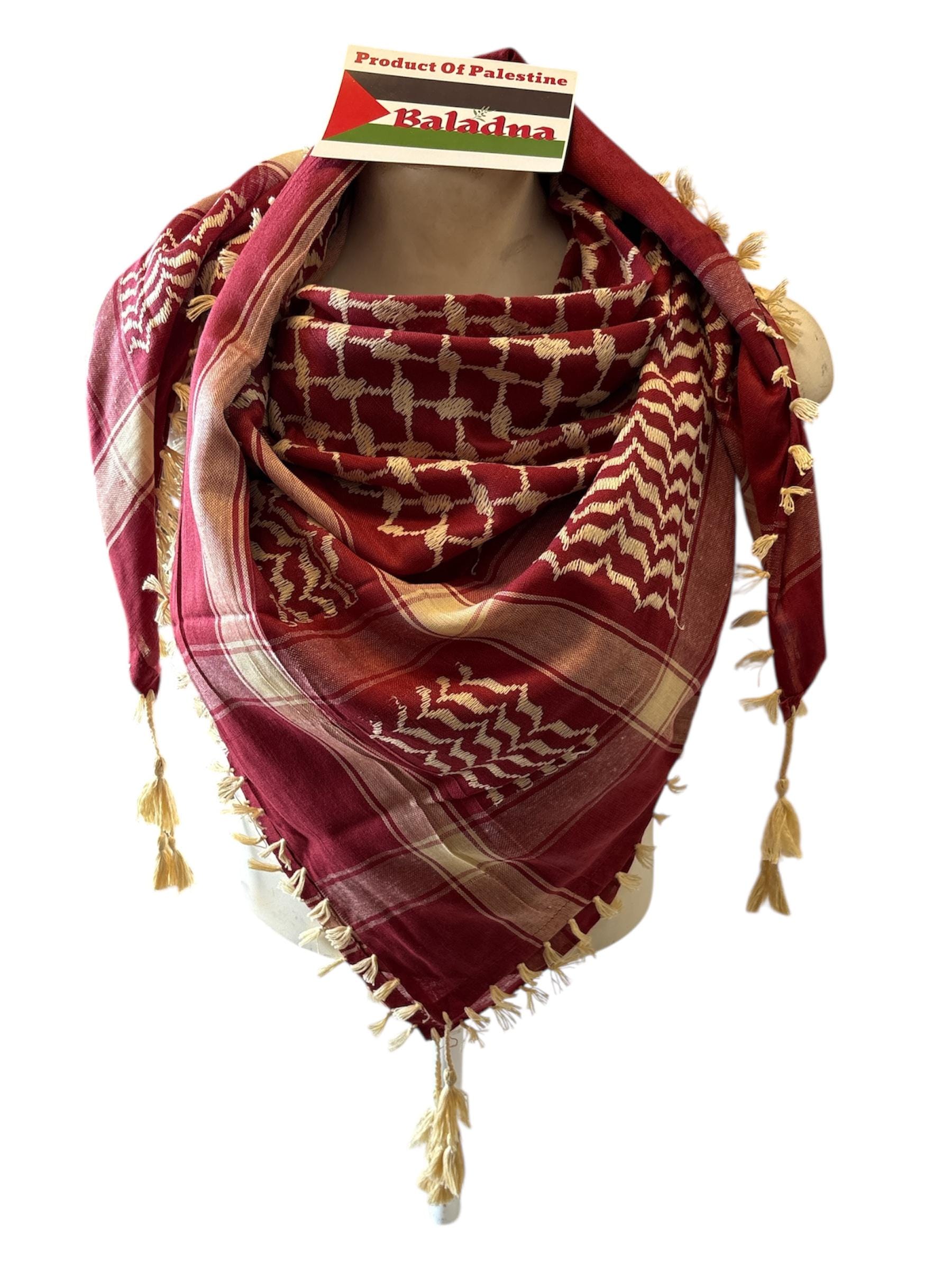 Woven Kuffiyeh tan on burgundy with 4sides tassels! standard size 48”x48”  show your support for Palestine!