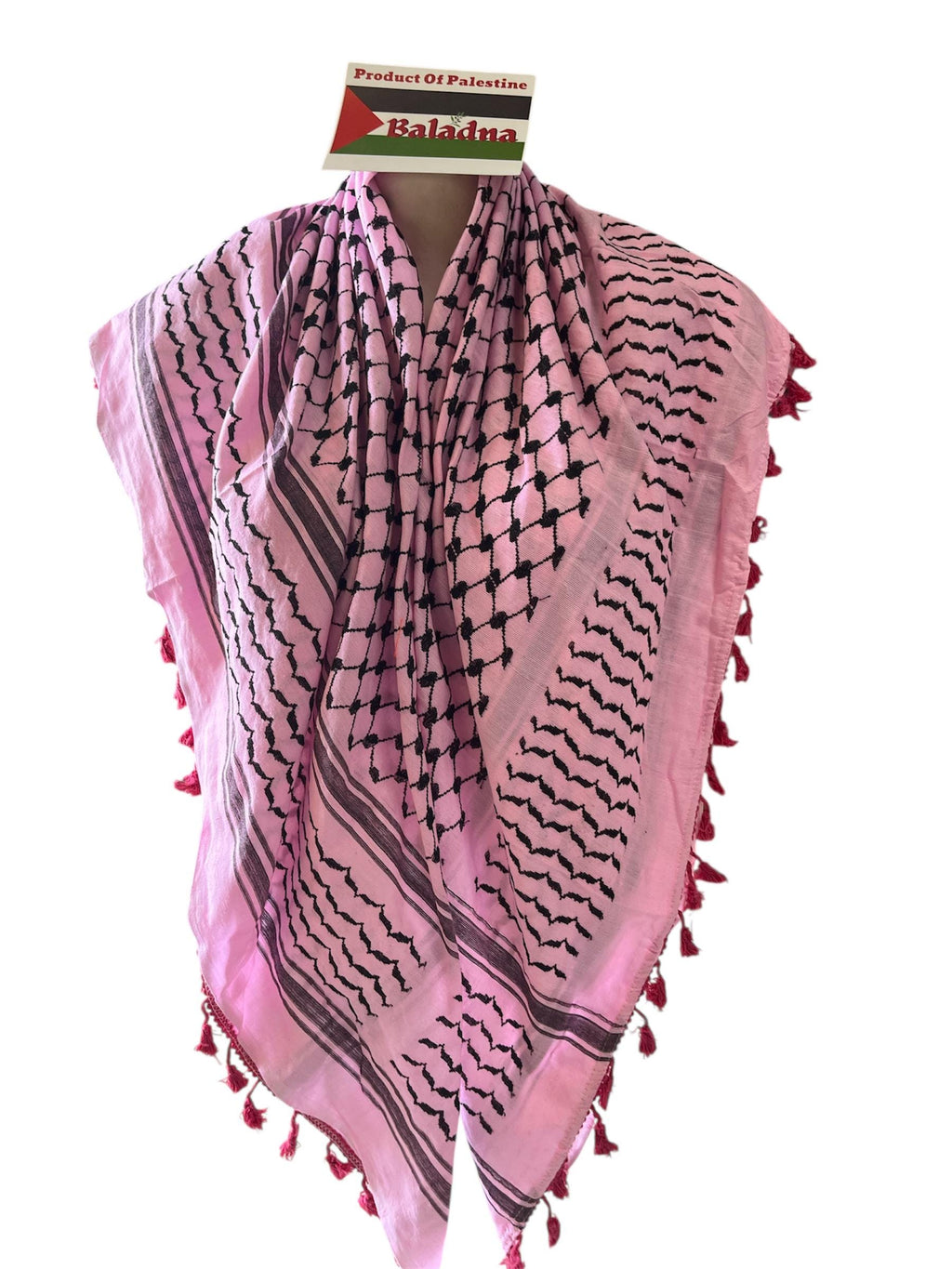 Palestine Made keffiyeh: Authentic Black on pink Woven Scarf, 48"x48"