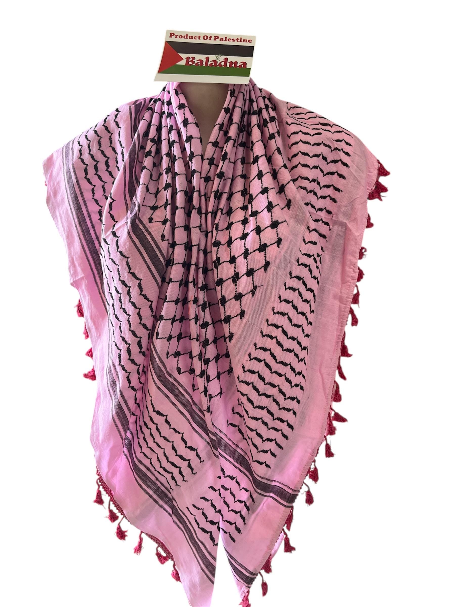 Palestine Made keffiyeh: Authentic Black on pink Woven Scarf, 48"x48"