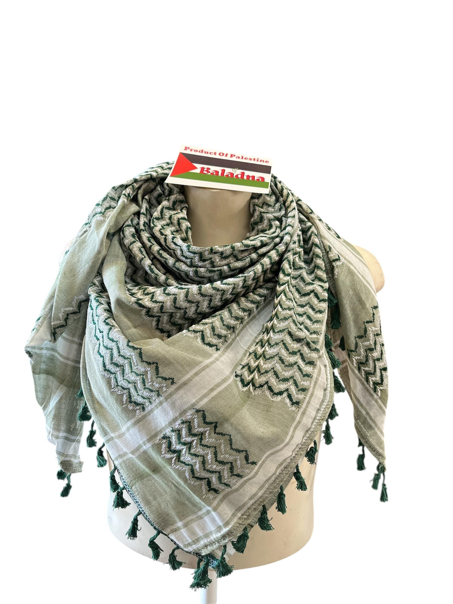 Palestine Made keffiyeh Scarf: Authentic Hebron Woven, White/Green Tassels