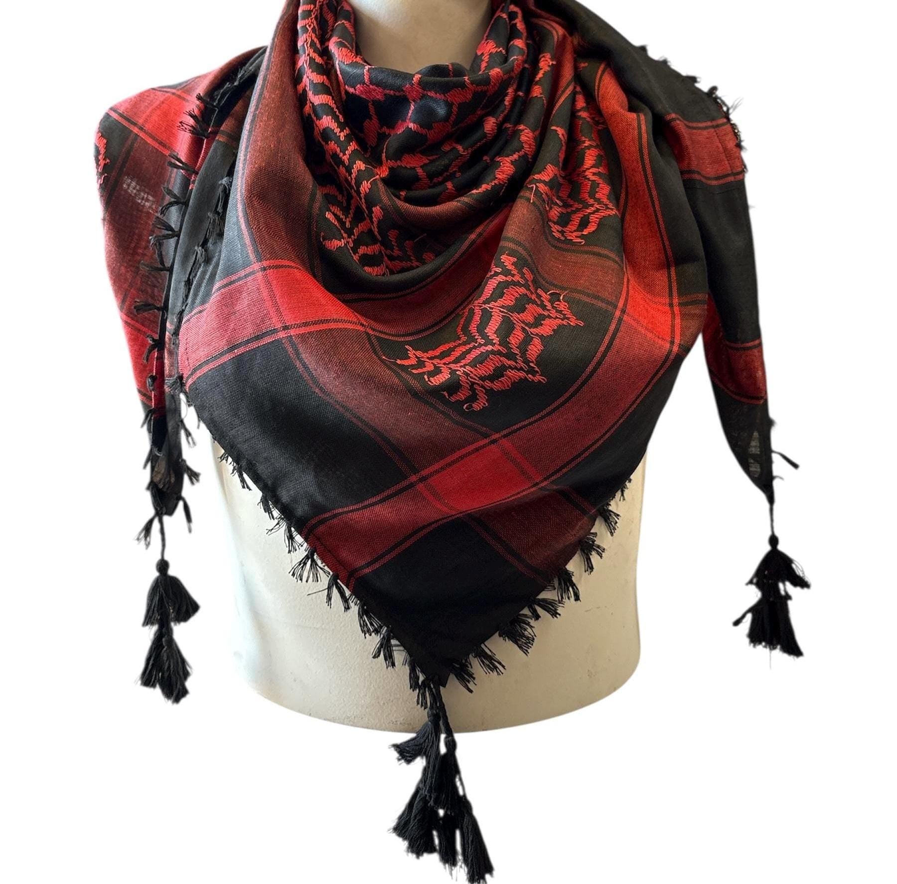 Woven Palestinian Kufiya Red on Black with 4 sides Tassels (48"x48")