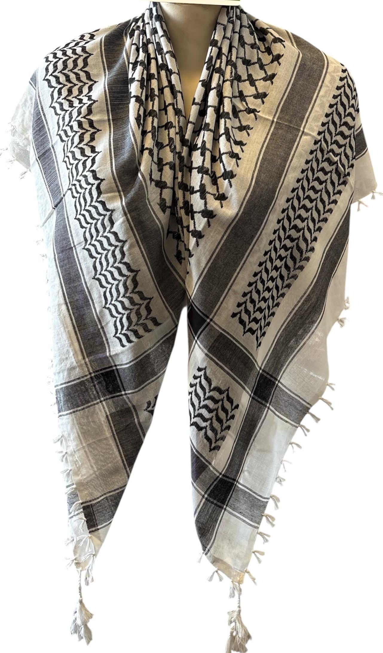 Traditional Palestinian Kufiya original black and white  with Tassels (48"x48") more than 2000 sold here before being deactivated by Etsy