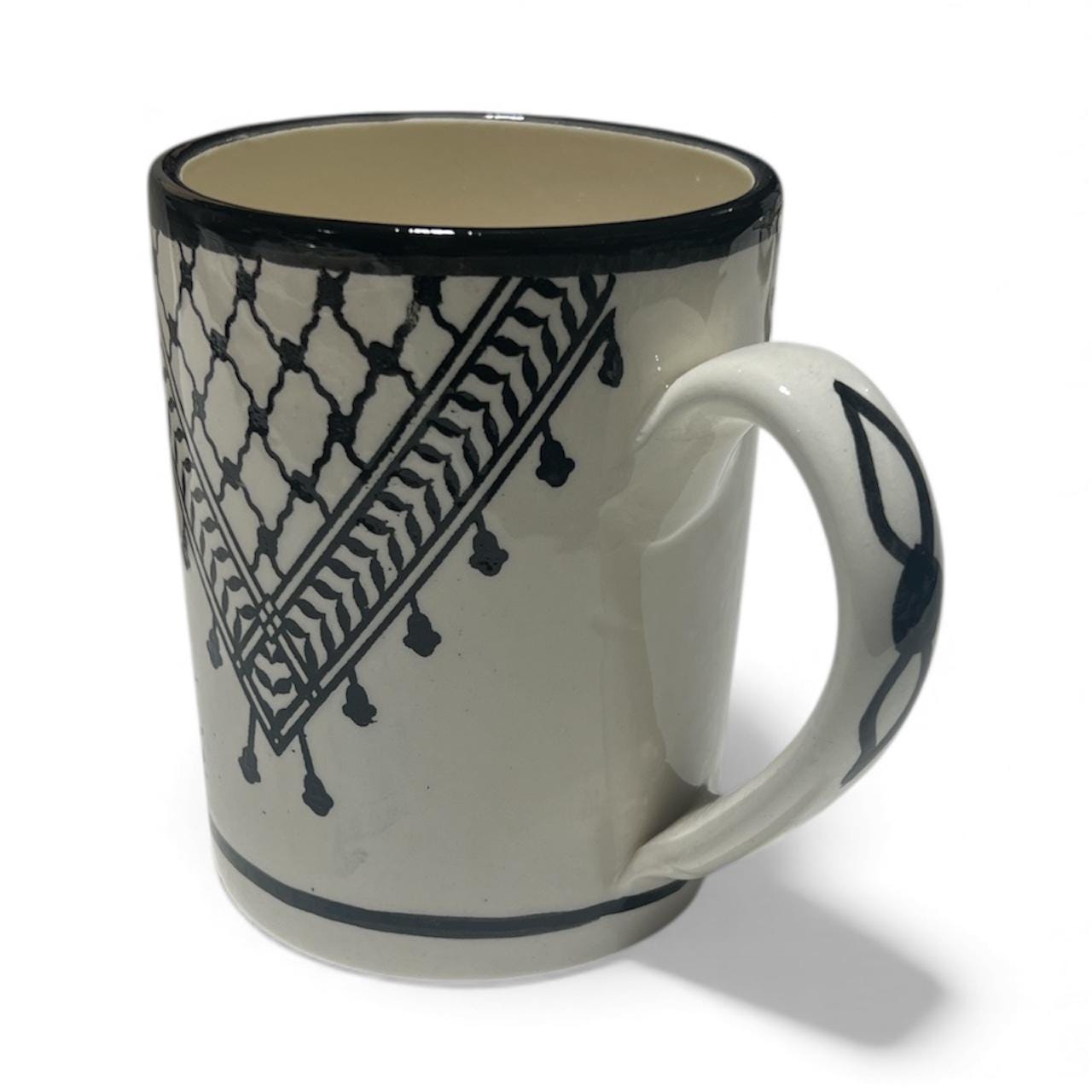 Handmade ceramic Kufiyeh design cup with calligraphy (4”) made in Hebron