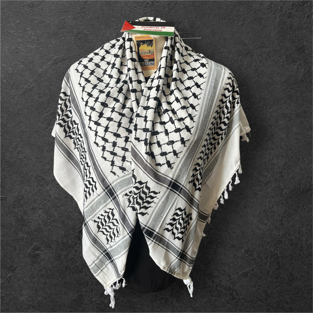 Palestine Made Authentic keffiyeh Scarf: original black on white with regular Tessels