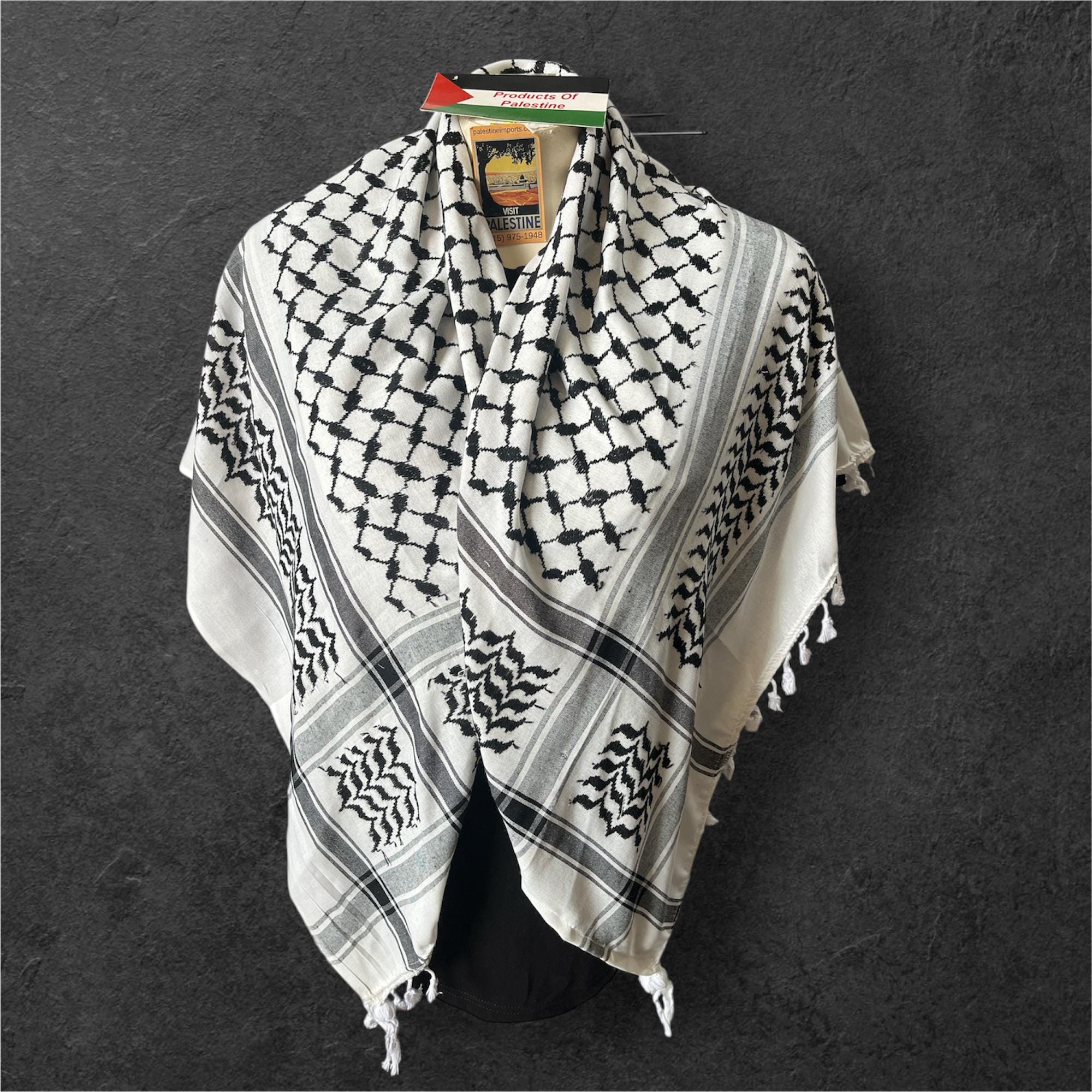 Palestine Made Authentic keffiyeh Scarf: original black on white with regular Tessels