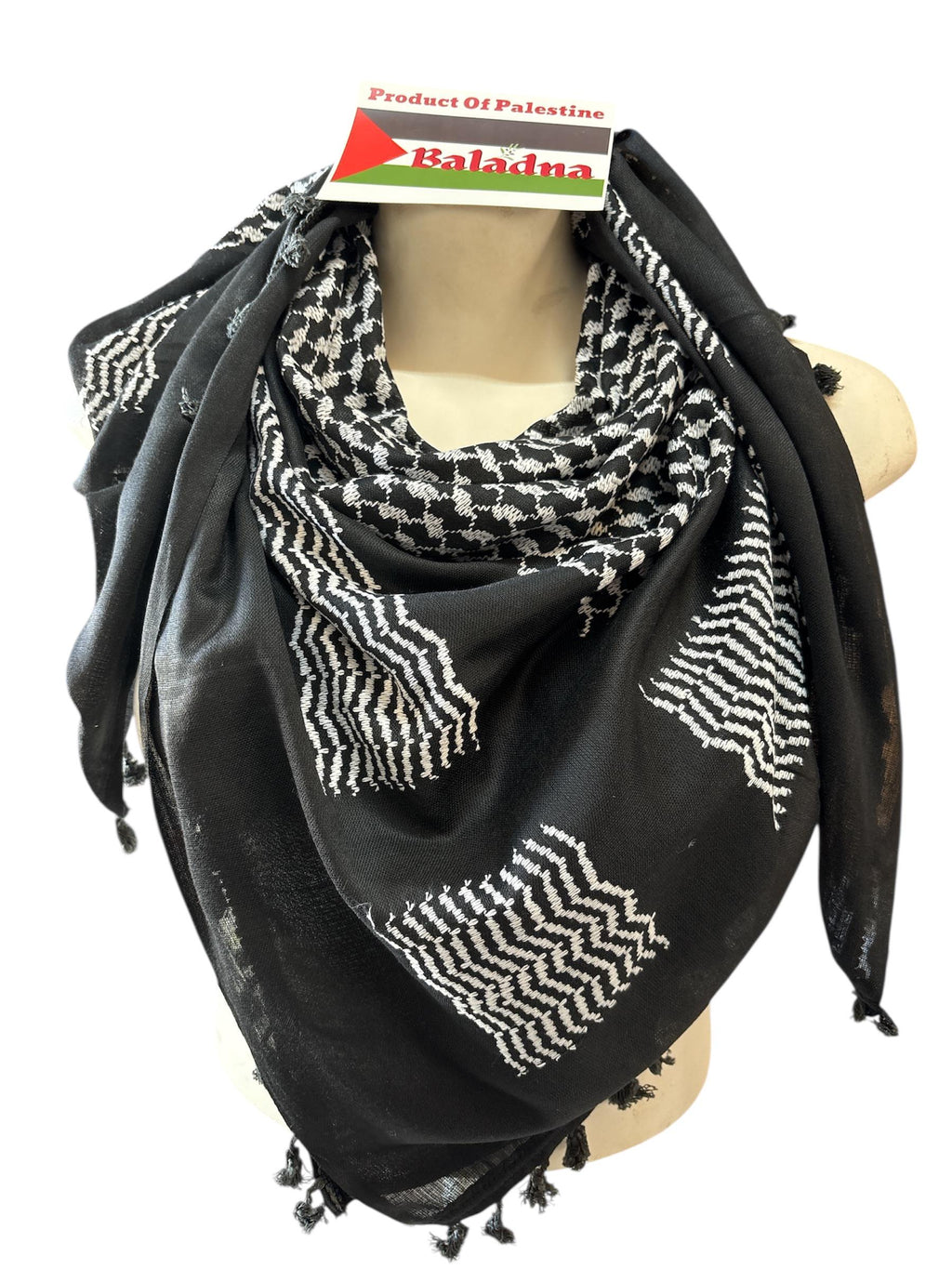 Palestine Made keffiyeh Scarf: Authentic Hebron Woven,white on black with black Tassels