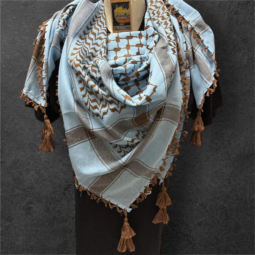 Woven keffiyeh Brown on blue Palestinian Scarf with 4 Sides Tassels (48"x48")