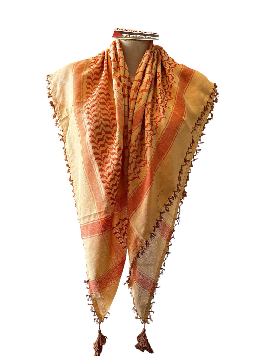 Woven keffiyeh Orange on Tan with 4 sides Brown Tassels - 48"x48"