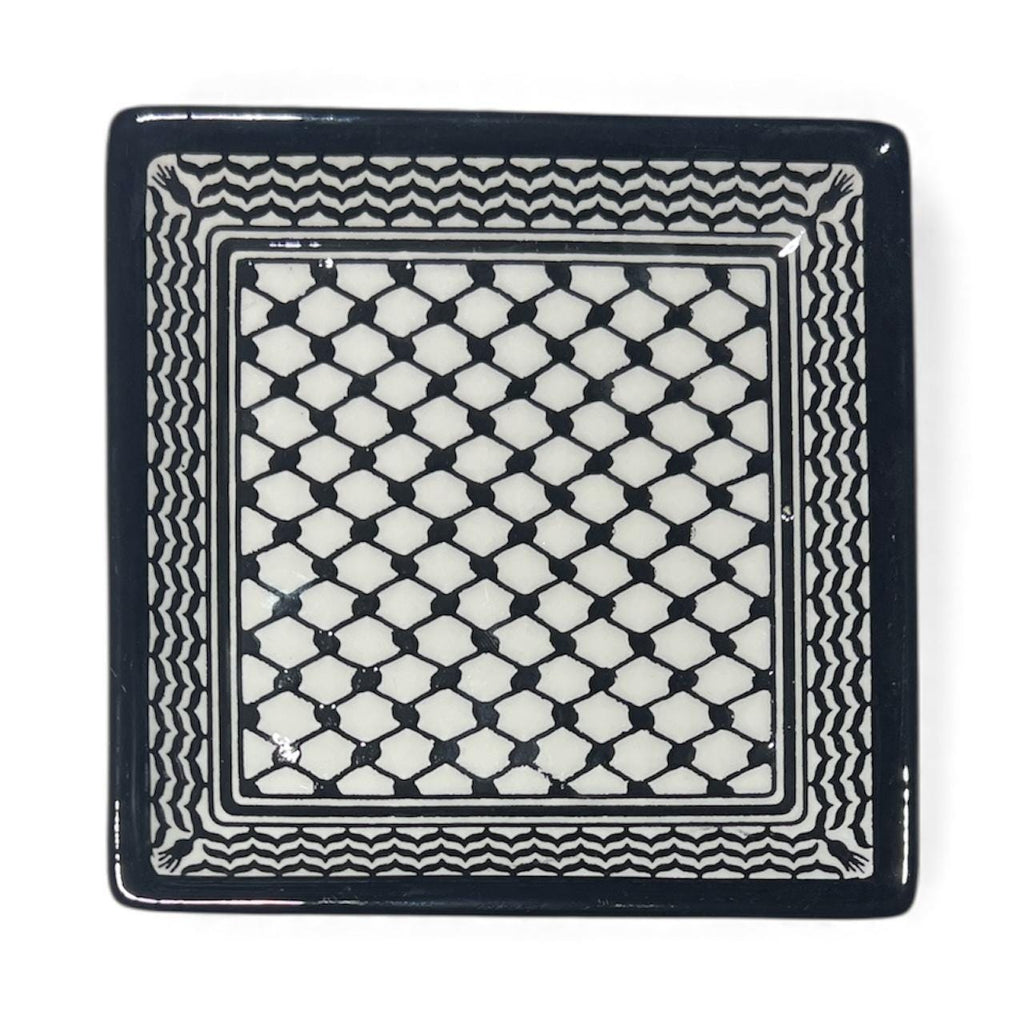 Handmade ceramic Kuffiyeh design square serving plate (6.5”) made in Palestine