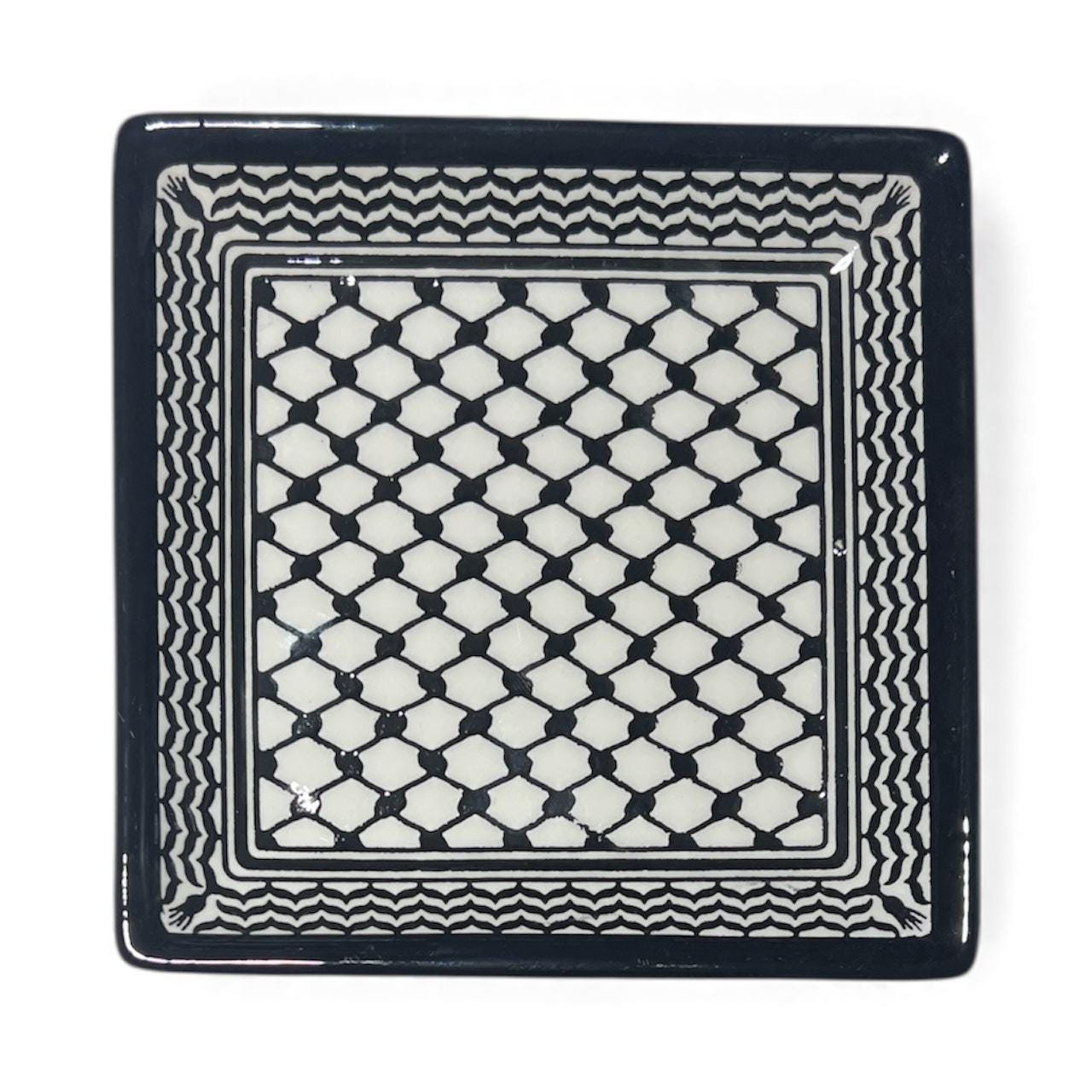 Handmade ceramic Kuffiyeh design square serving plate (6.5”) made in Palestine