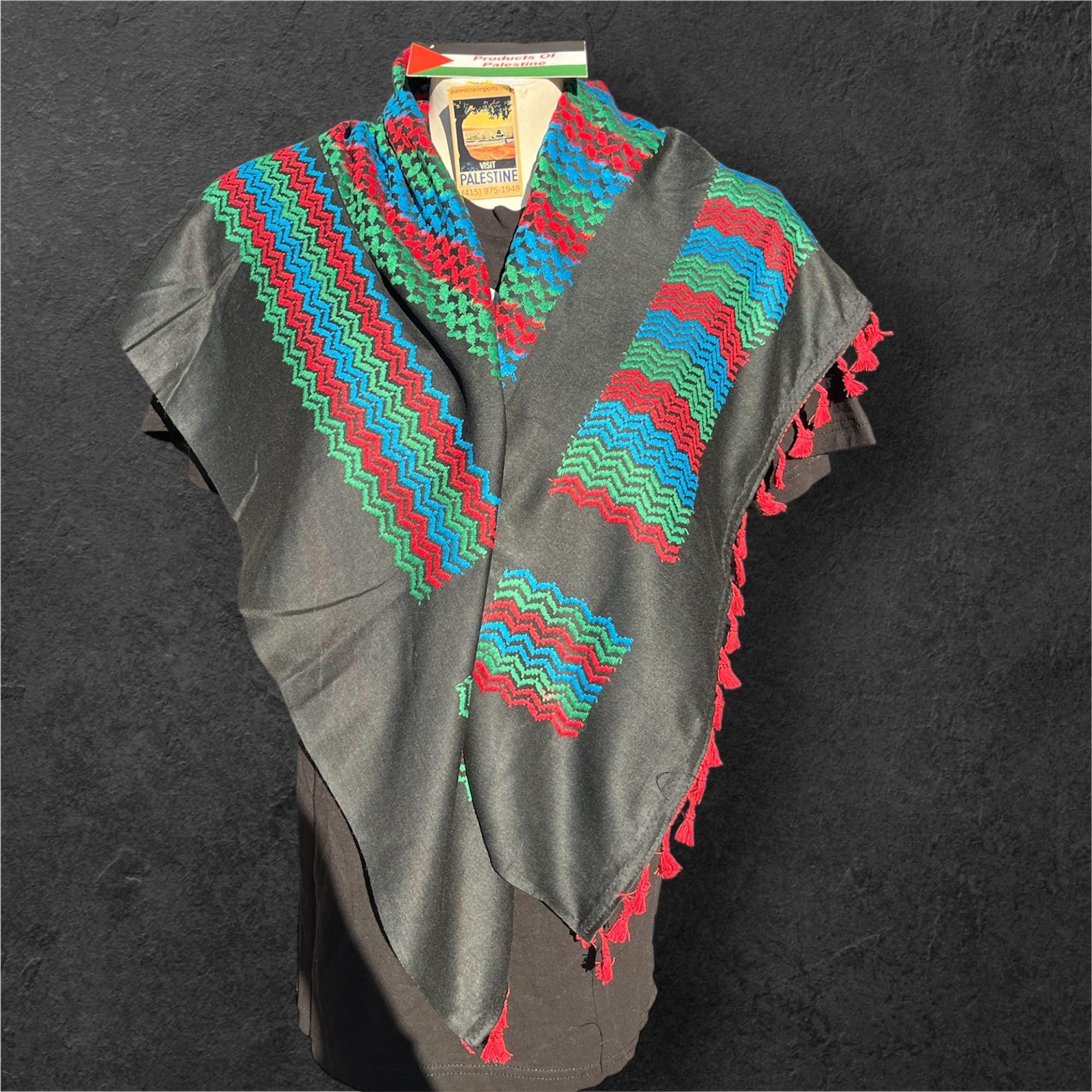 Authentic Palestine Made keffiyeh Scarf: multicolor on black with red Woven Tessels