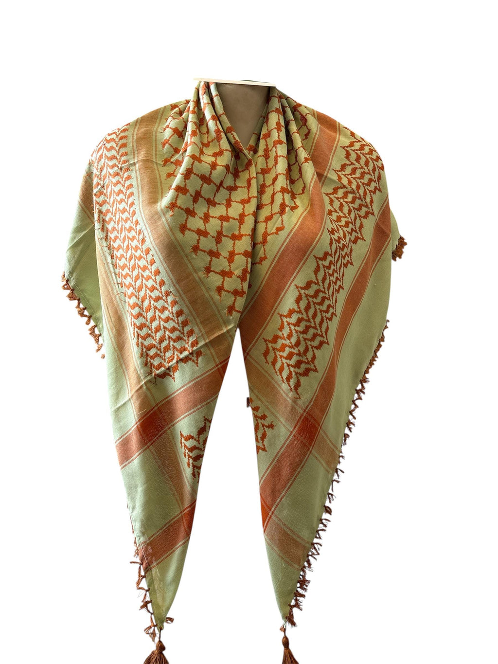 Woven Kufiya Orange on Green with Copper Tassels - 48"x48"