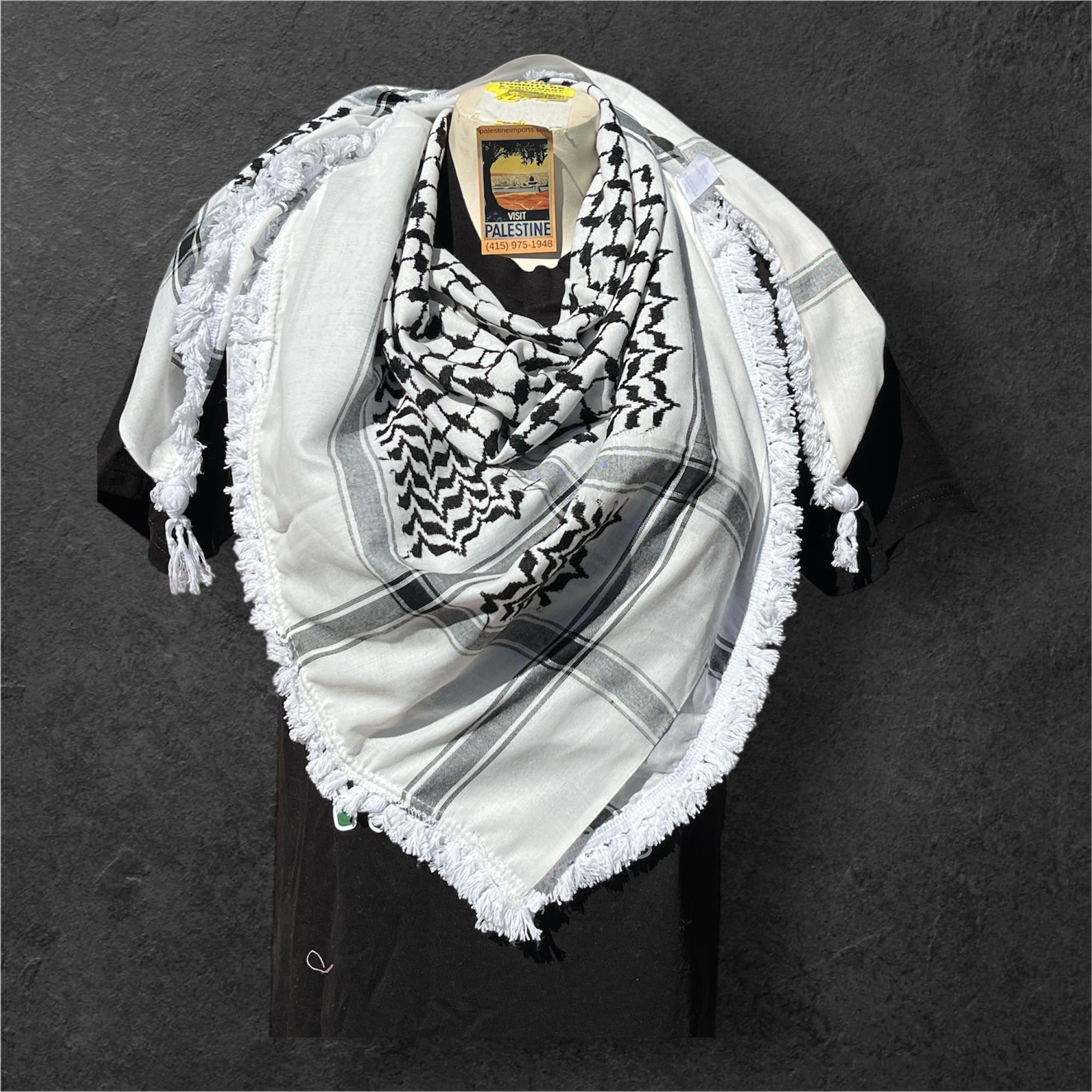 Authentic Palestine Made keffiyeh Scarf: original black and white with Woven heavy Tessels