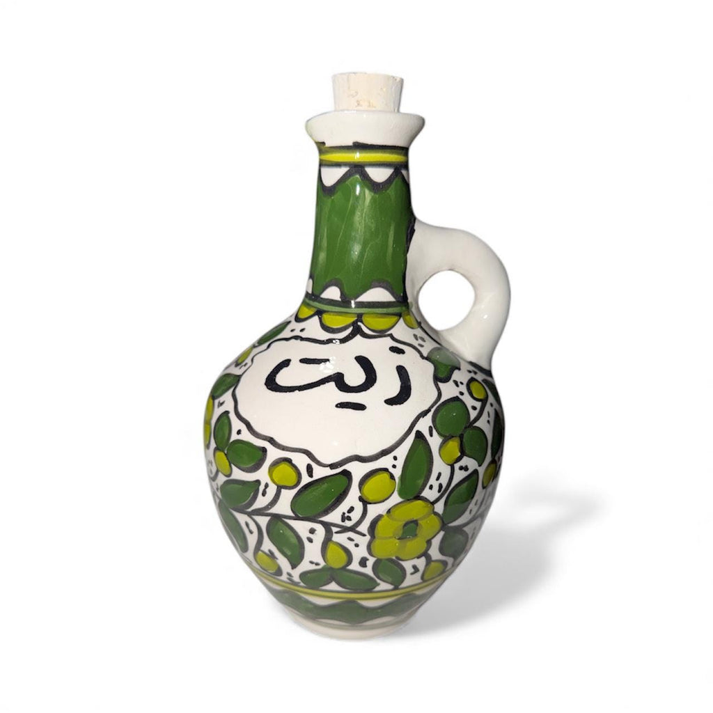 Handmade ceramic Green floral design ‘zeit’dispenser  tall approximately (9”) made in Palestine