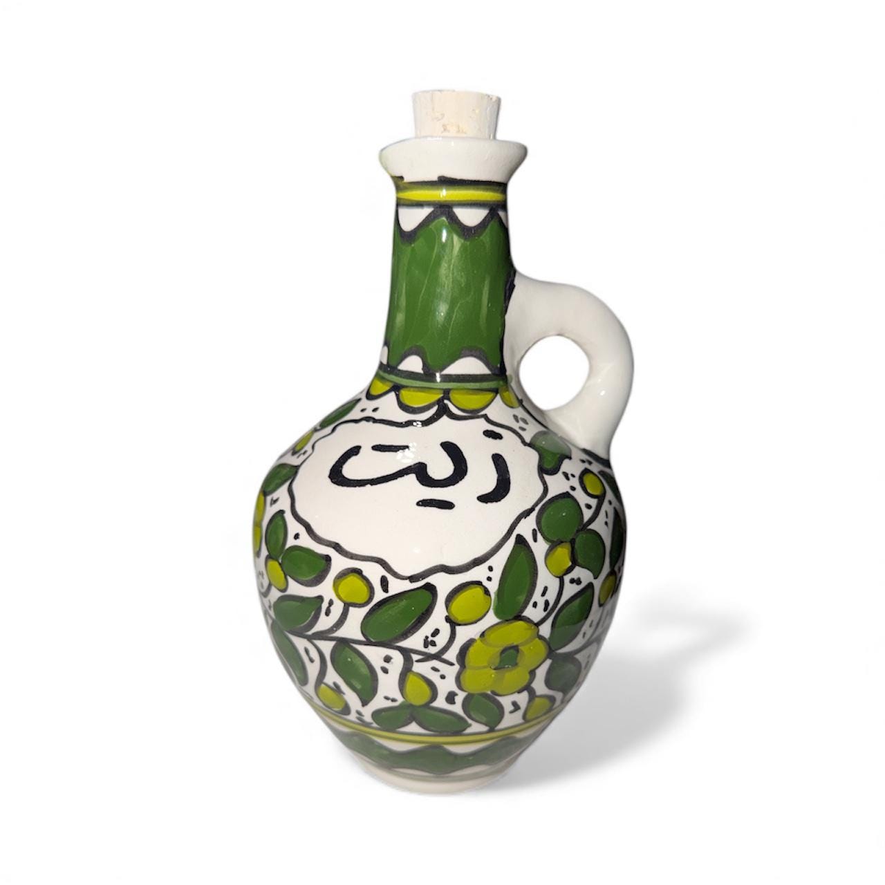 Handmade ceramic Green floral design ‘zeit’dispenser  tall approximately (9”) made in Palestine