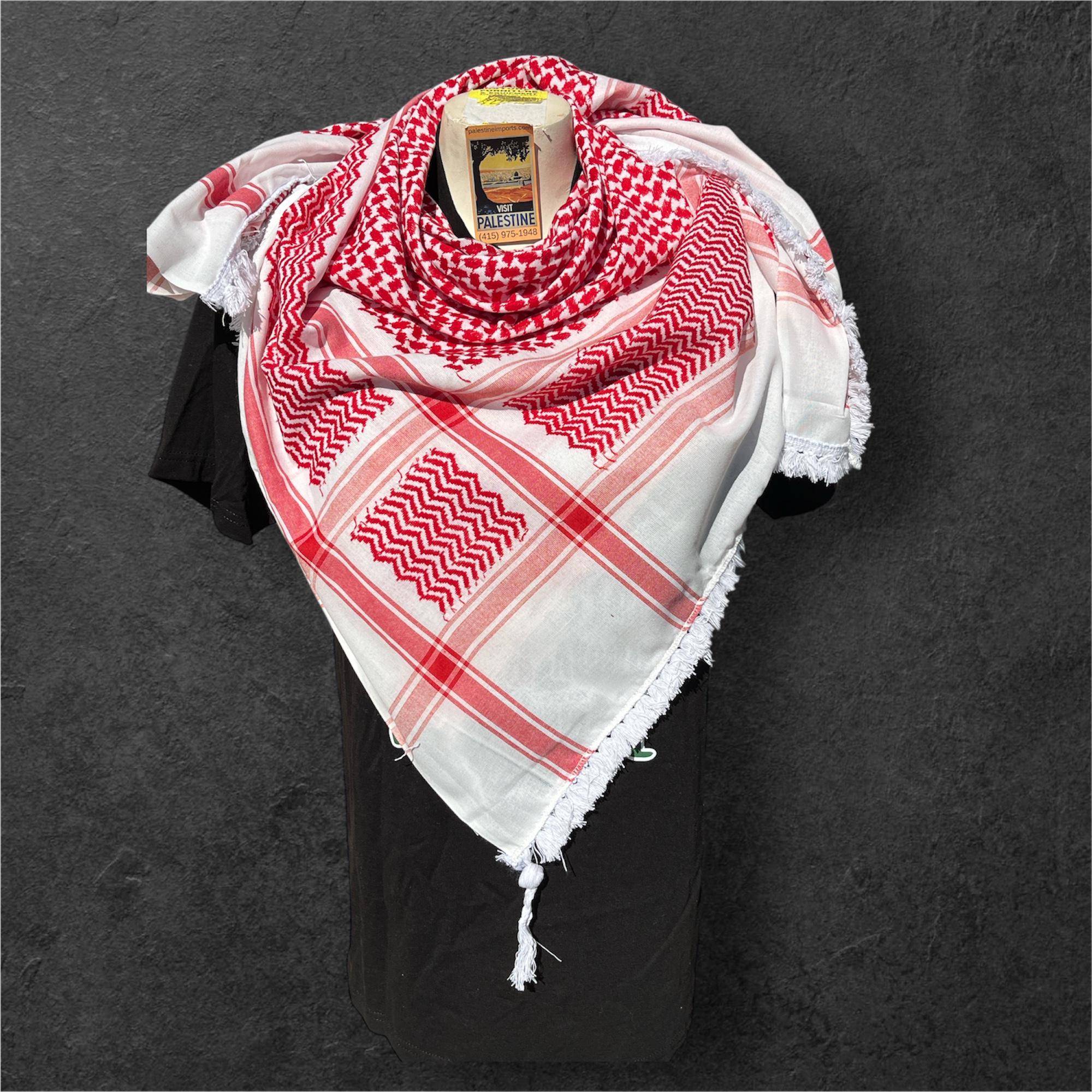 Authentic Palestine Made keffiyeh Scarf: red on white Woven Tessels
