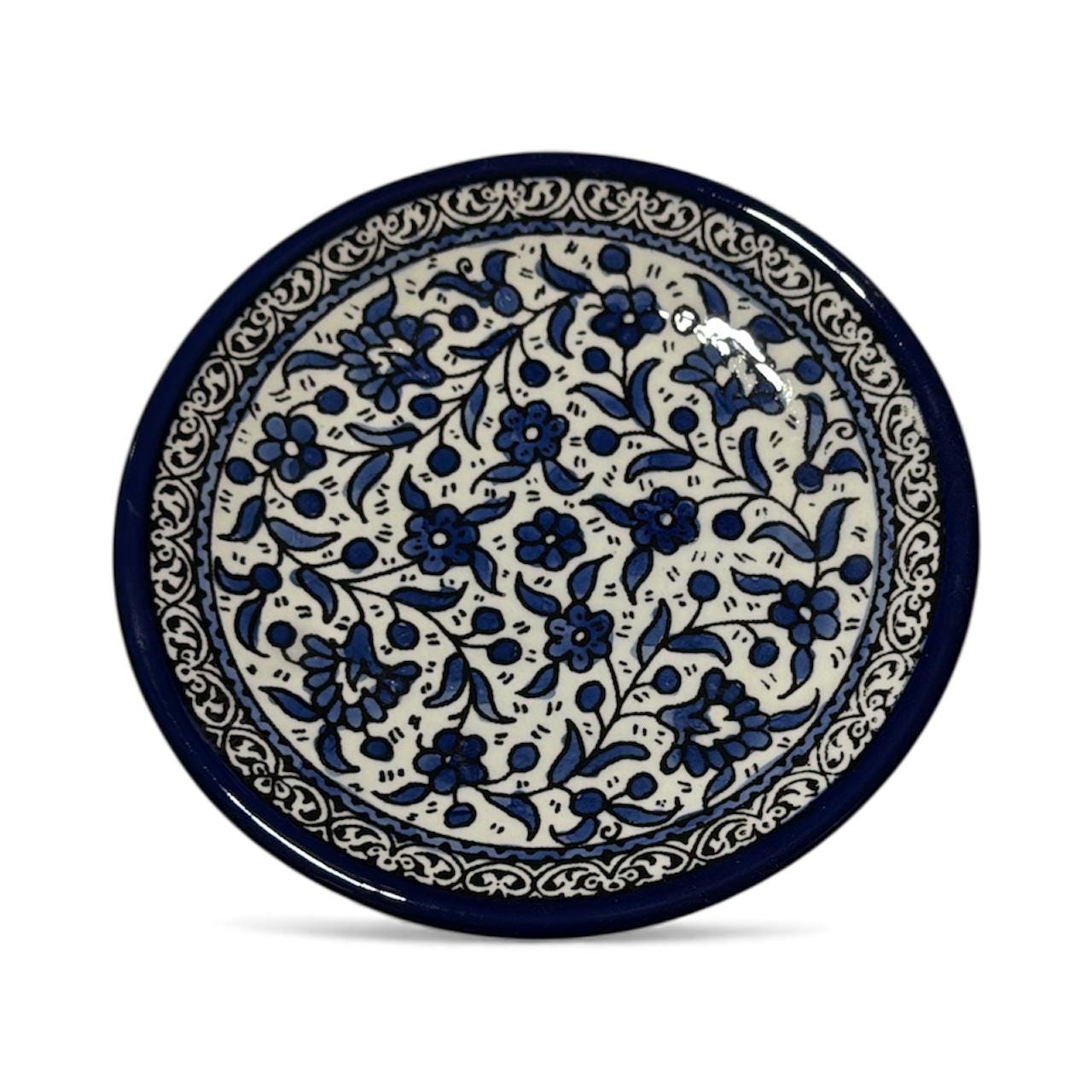 Handmade ceramic Floral Blue design round plate6.5”made in Palestine