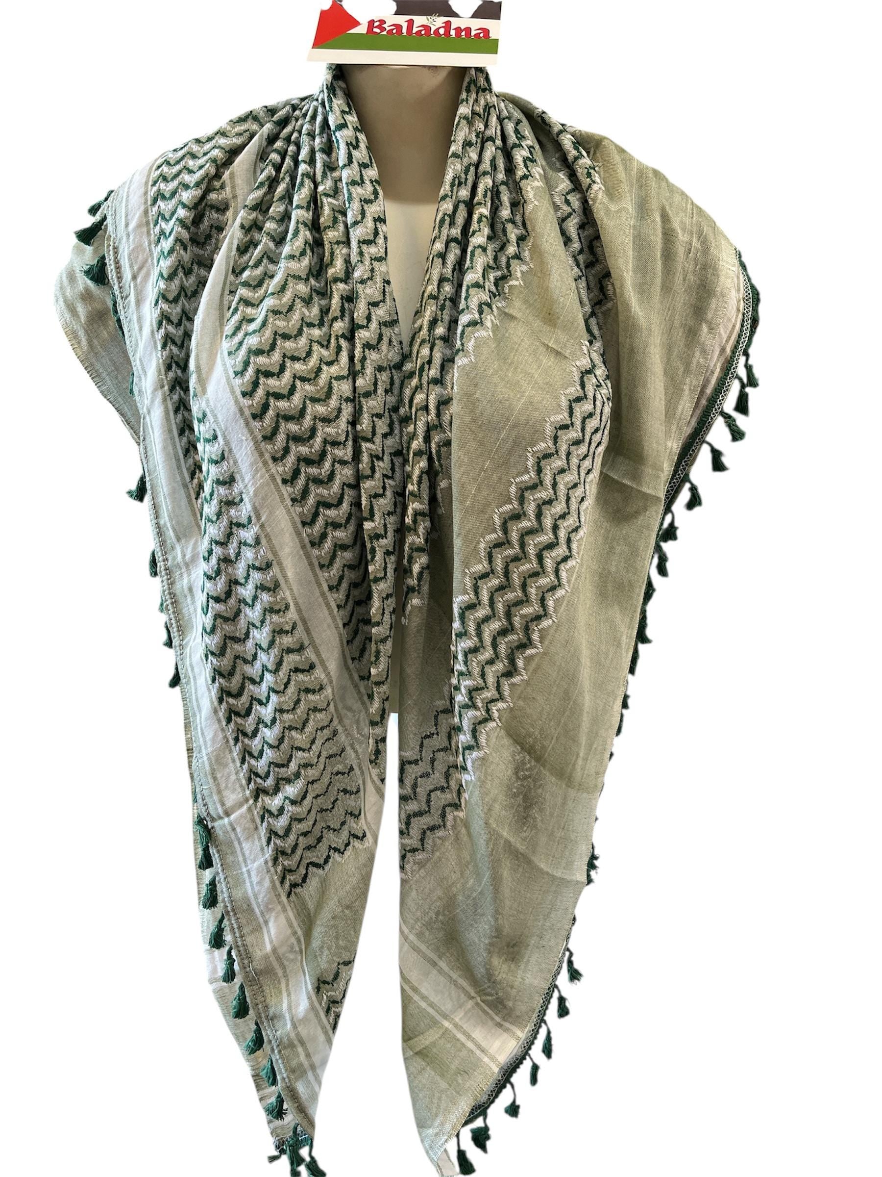 Palestine Made keffiyeh Scarf: Authentic Hebron Woven, White/Green Tassels