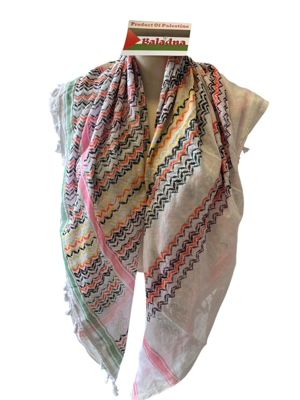 Palestine Made keffiyeh Scarf: Authentic Woven multicolor on white with tassels