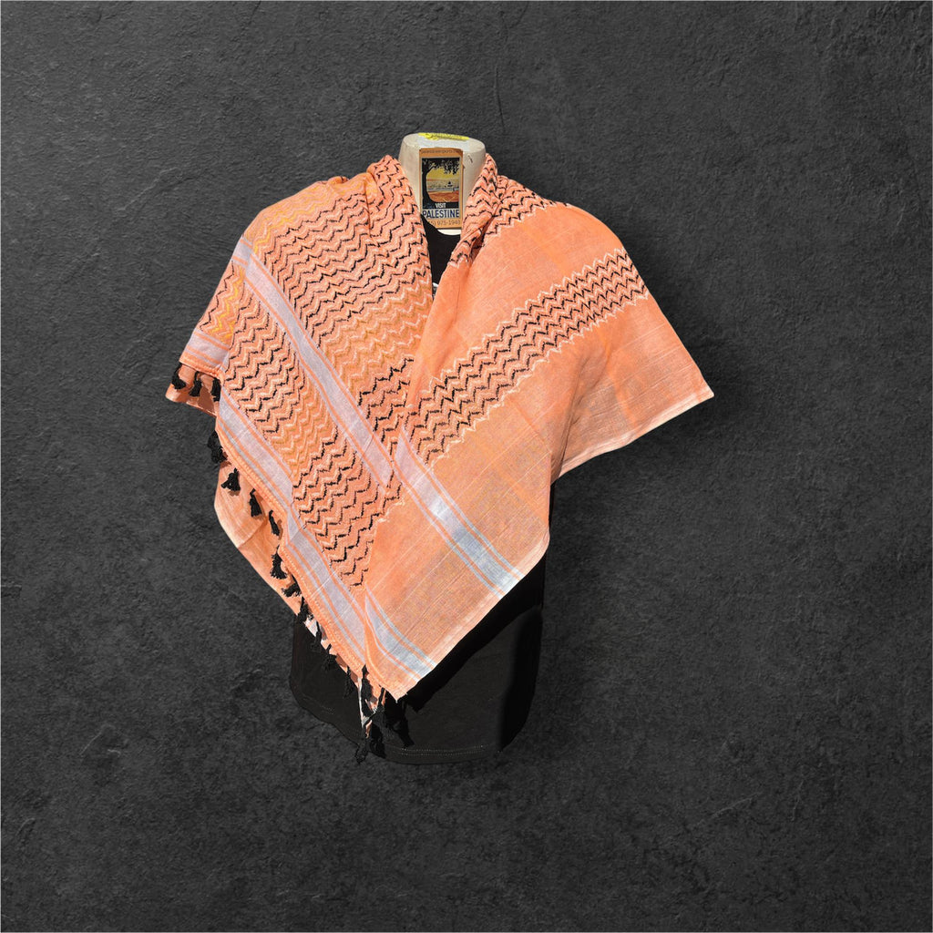 Authentic Palestine Made keffiyeh Scarf: multi color on orange with black Woven Tessels