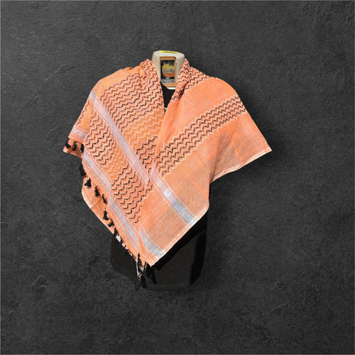 Authentic Palestine Made keffiyeh Scarf: multi color on orange with black Woven Tessels