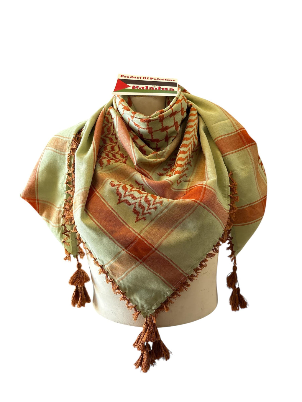 Woven Kufiya Orange on Green with Copper Tassels - 48"x48"